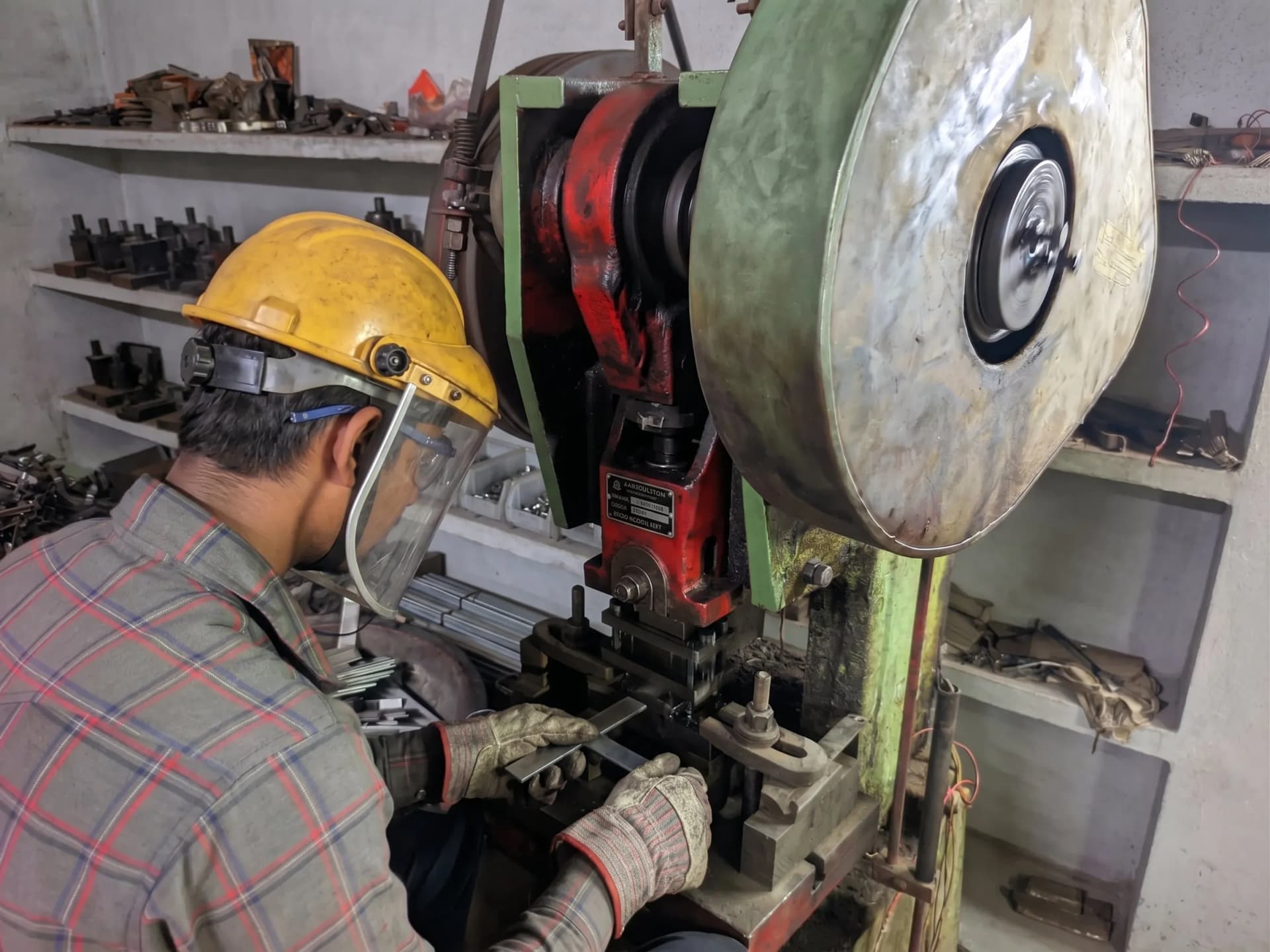 Worker in safety gear punching metal hardware components on a press at Nexus Fittings, Aligarh